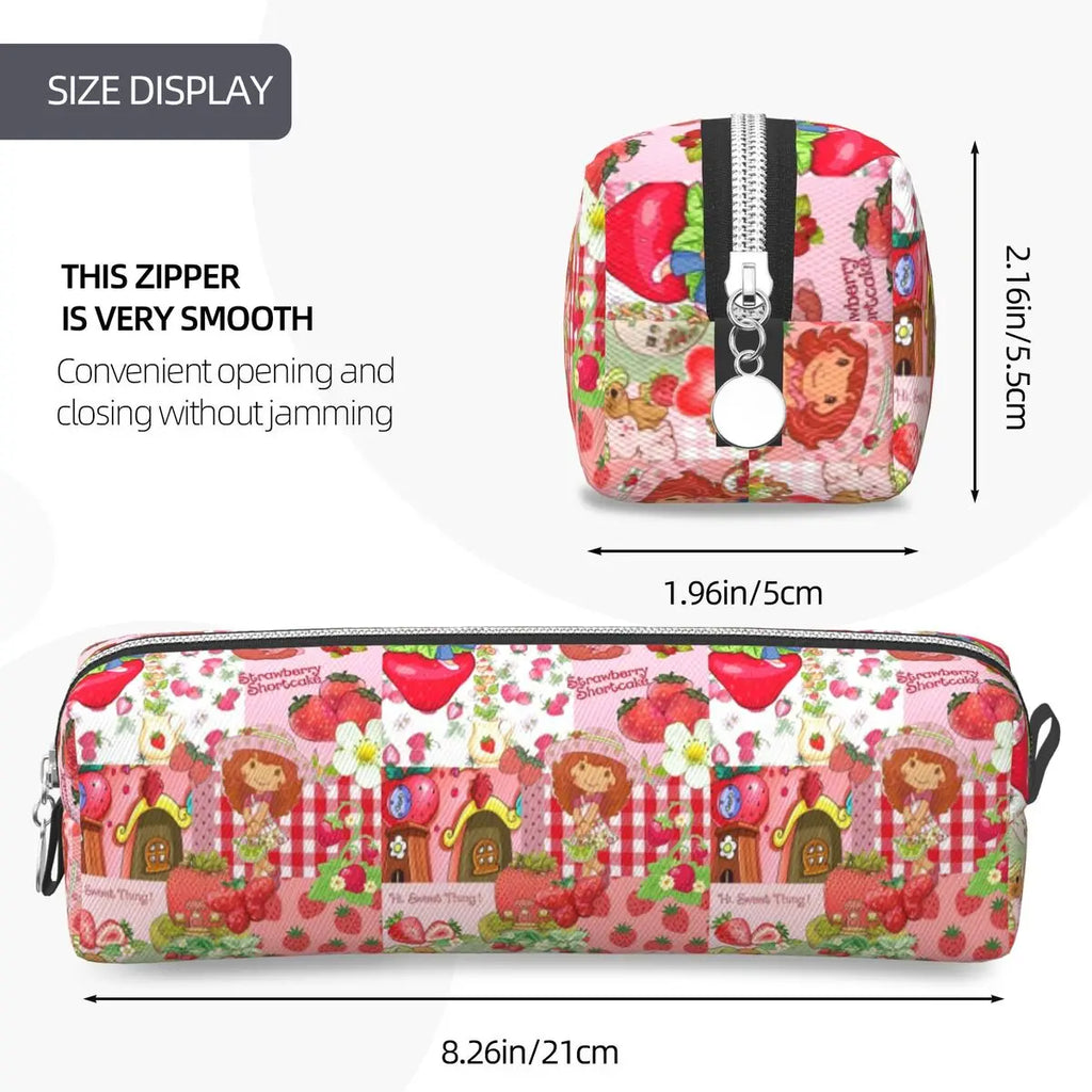 Pencil case with strawberry-themed design and measurements on a white background