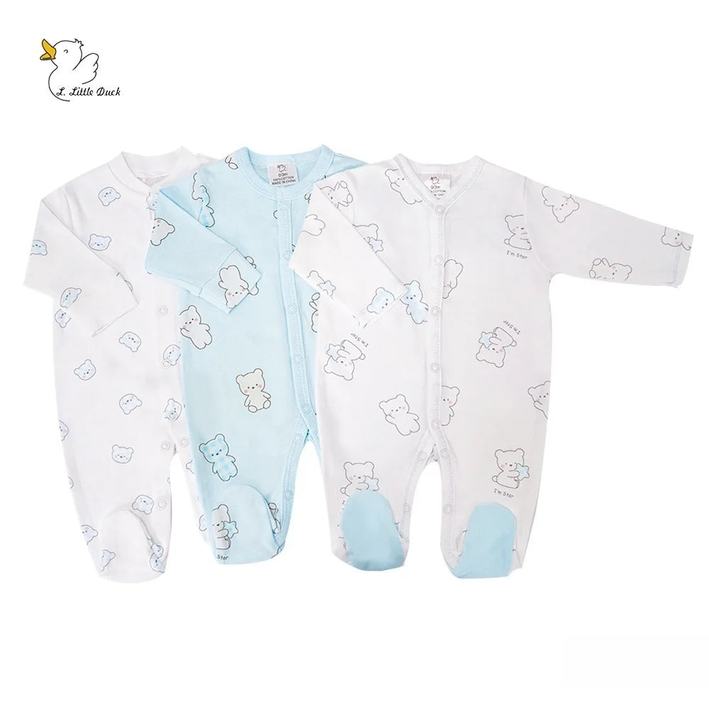 Two baby rompers with bear patterns on a white background, branded 'A Little Duck'.