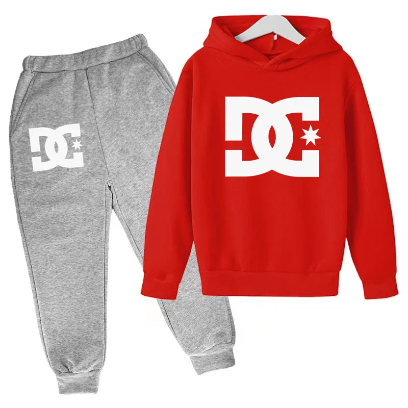 Red hoodie and gray sweatpants with DC logo on a white background