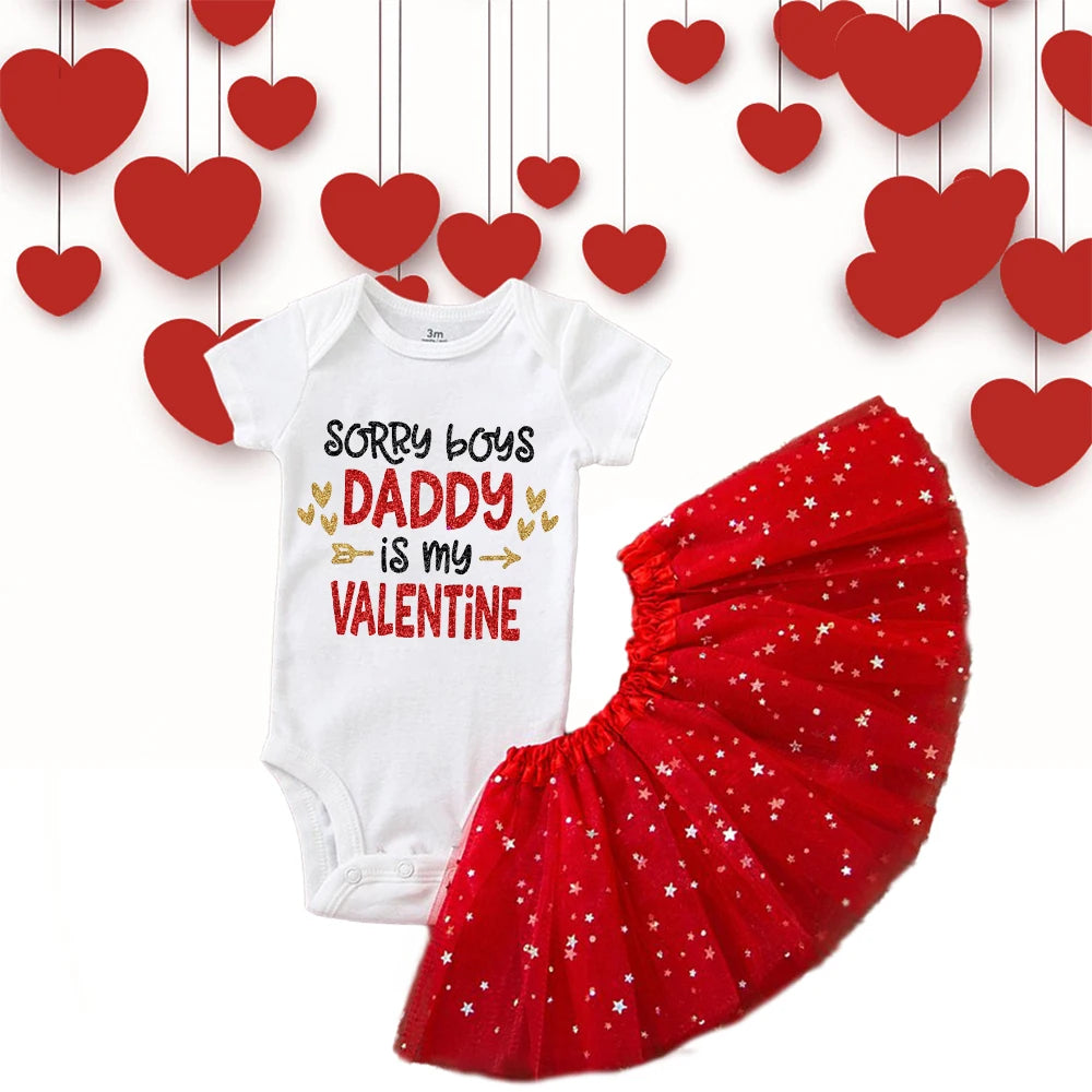 Baby outfit with 'Sorry boys, daddy is my Valentine' text and red skirt on a white background with heart decorations.