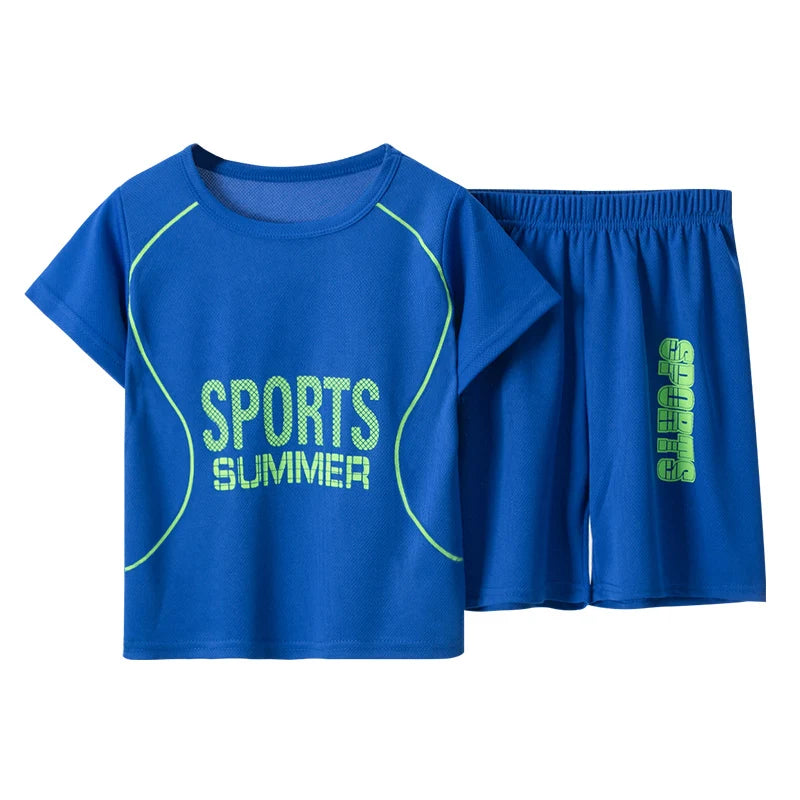Blue sports-themed t-shirt and shorts set with green text on a white background