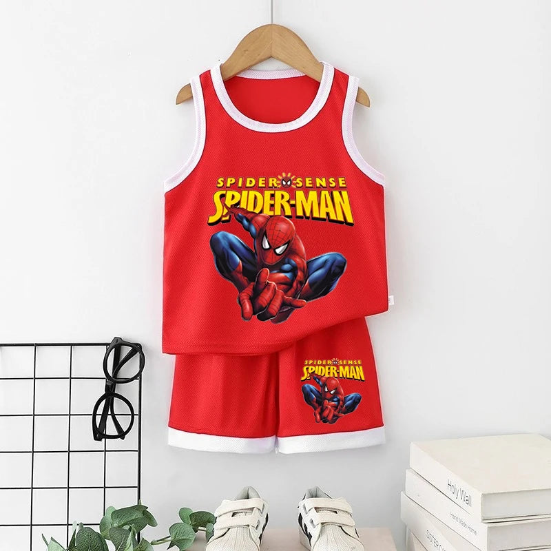 Red Spider-Man tank top and shorts set on a hanger against a white background.
