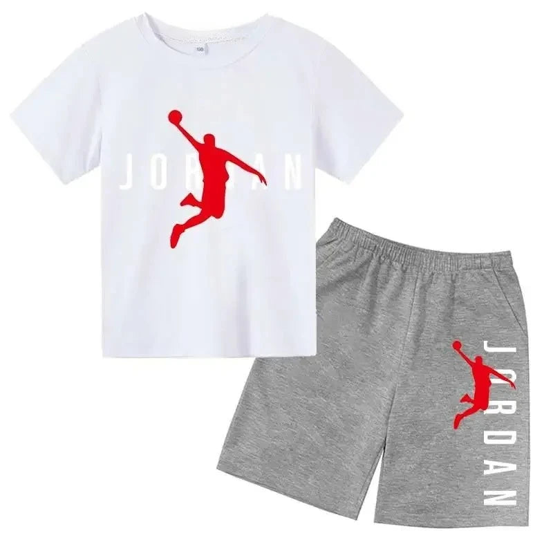 White t-shirt and gray shorts set with red 'Jordan' logo on a white background