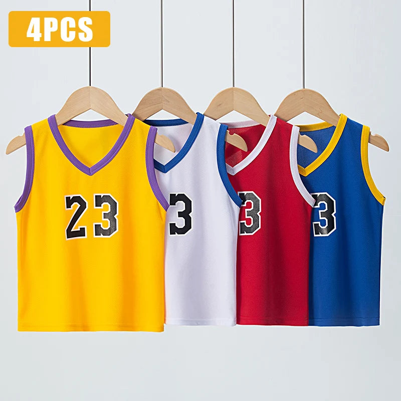 Four children's basketball jerseys in yellow, white, red, and blue with number 3 on hangers against a white background.