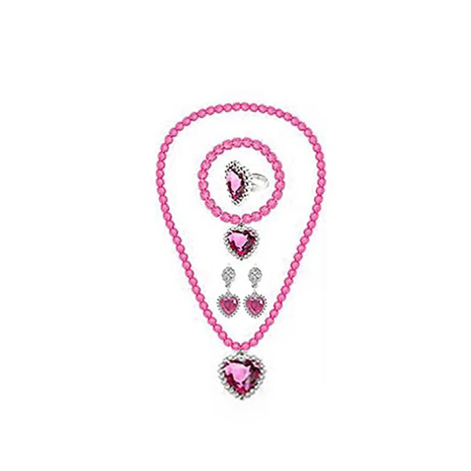 Pink jewelry set with necklace, ring, and earrings on a white background