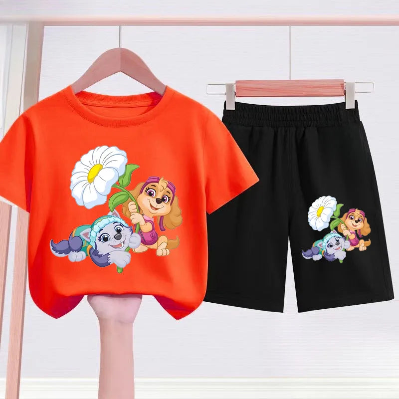 Children's t-shirt and shorts set with cartoon characters on a white background