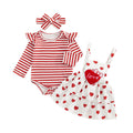 Baby outfit set with red and white striped romper, heart-patterned dress, and headband on a white background