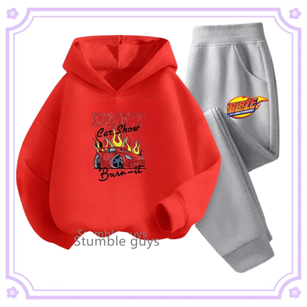 Red hoodie with graphic design and gray sweatpants on a white background