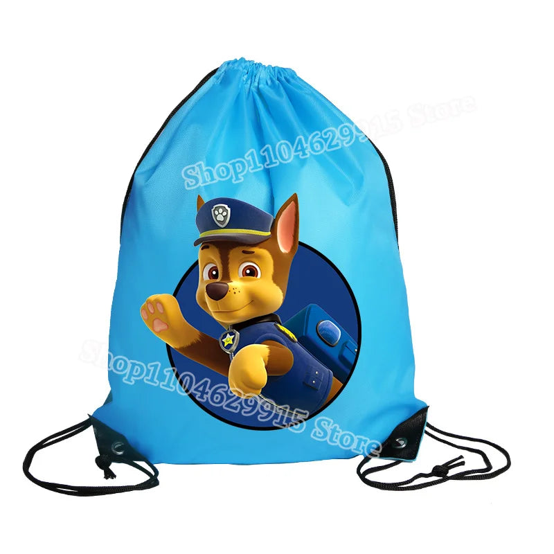 Blue drawstring bag with a character from Paw Patrol on a white background