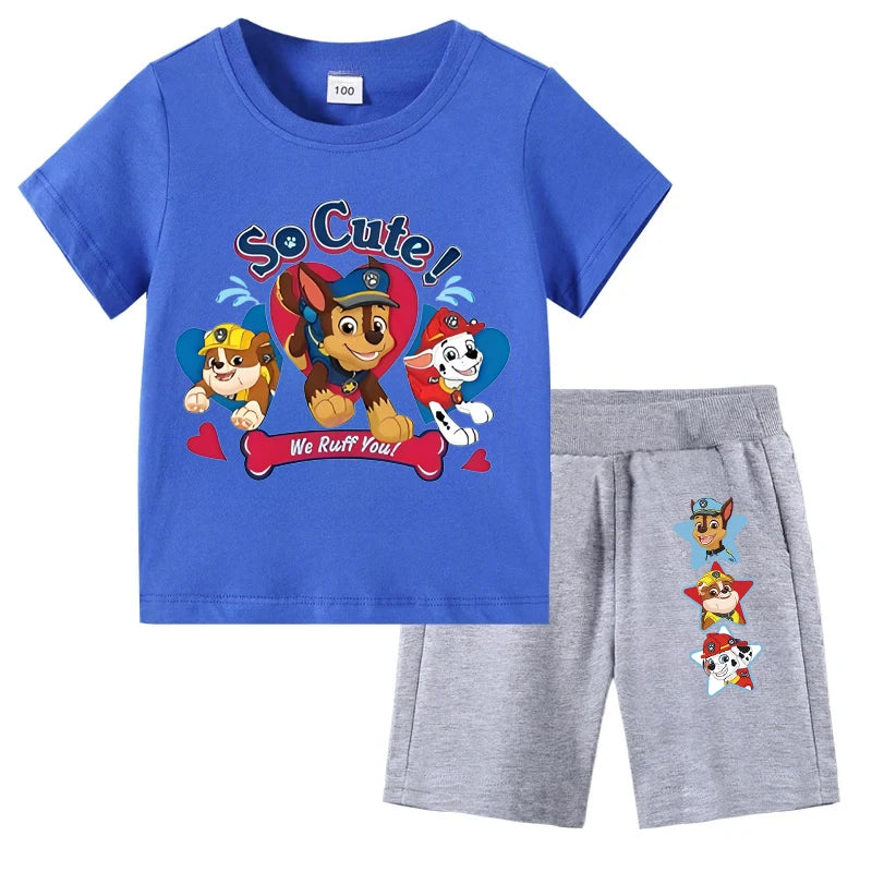 Children's blue t-shirt and gray shorts set with cartoon characters on a white background