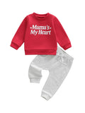 Red sweatshirt with 'Mama's My Heart' text and gray pants on a white background