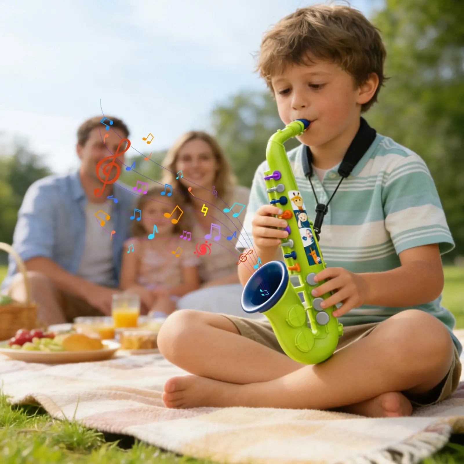 Child playing a toy saxophone with a family sitting on a blanket in the background