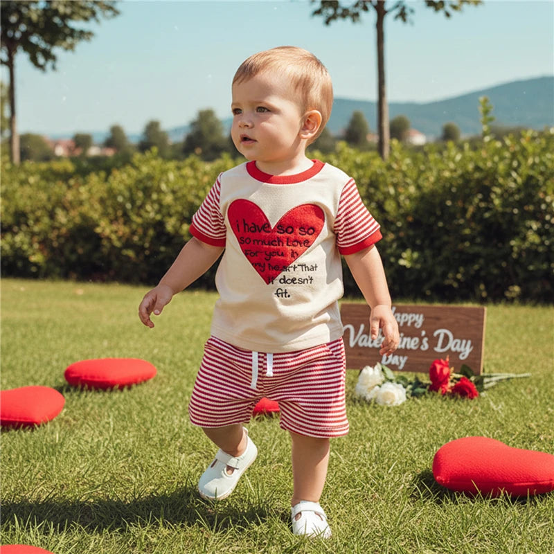 Heart Printed Top + Striped Shorts 2Pcs Set
