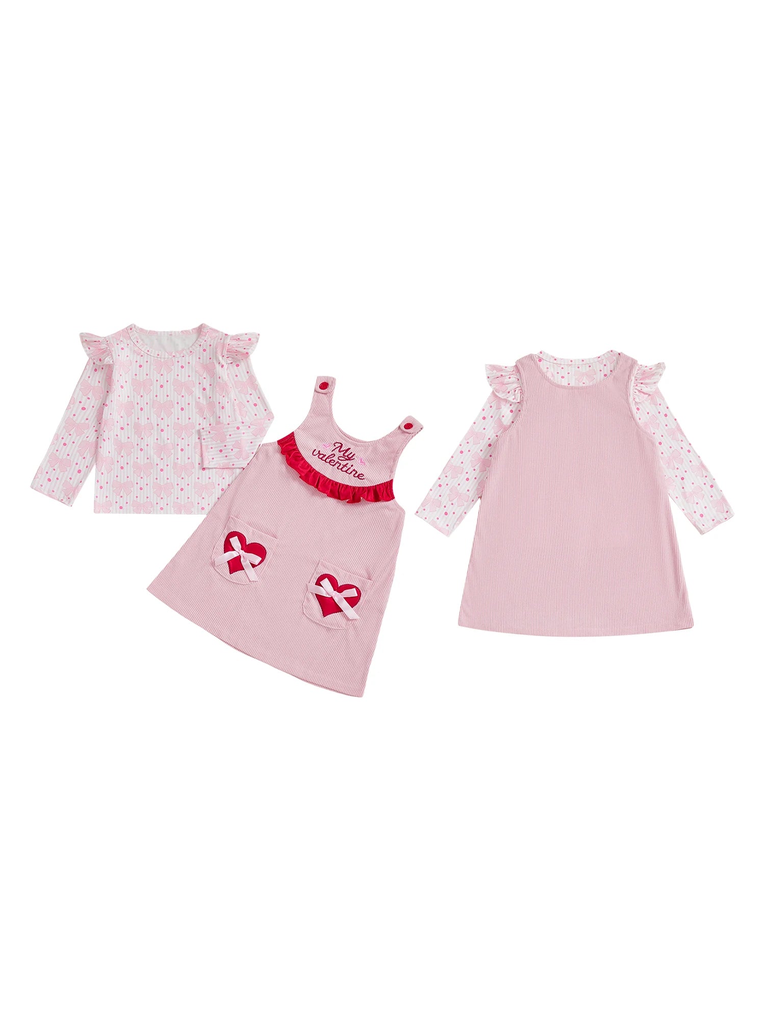 Three pink children's dresses on a white background