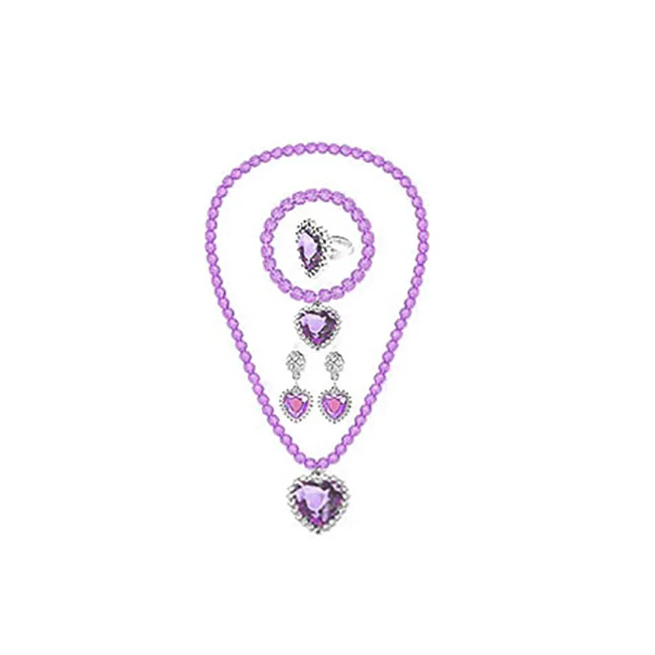 Purple jewelry set with heart-shaped pendants on a white background