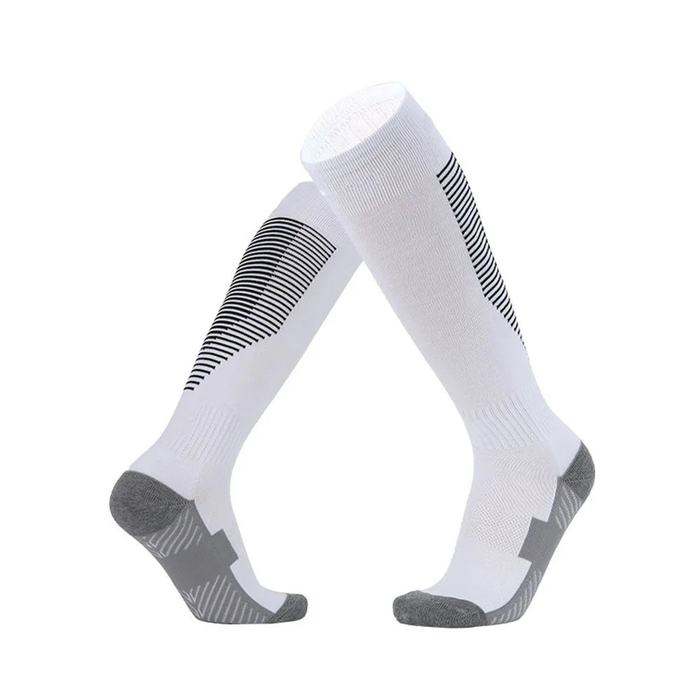 White knee-high socks with black stripes on a white background