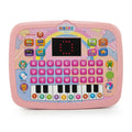 Children's toy keyboard with colorful keys and a digital display on a white background