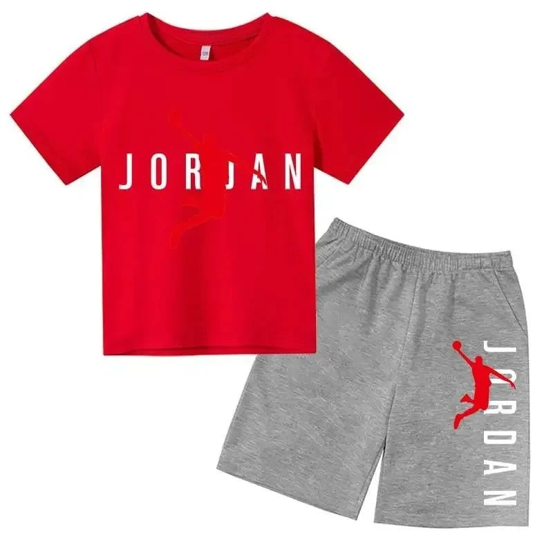 Red t-shirt and gray shorts set with 'Jordan' branding on a white background