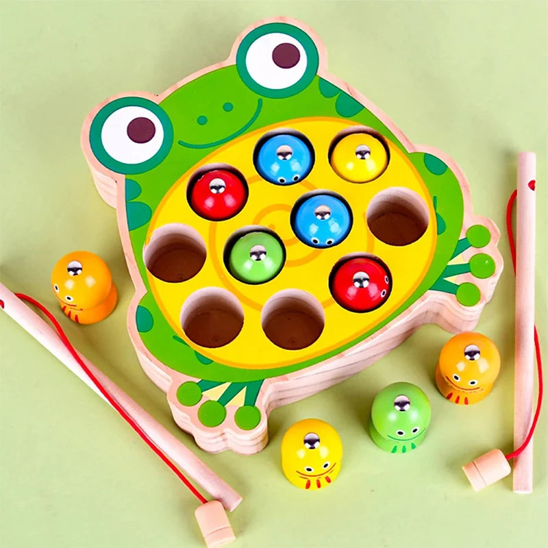 Colorful wooden toy shaped like a frog with various colored balls on a light green background