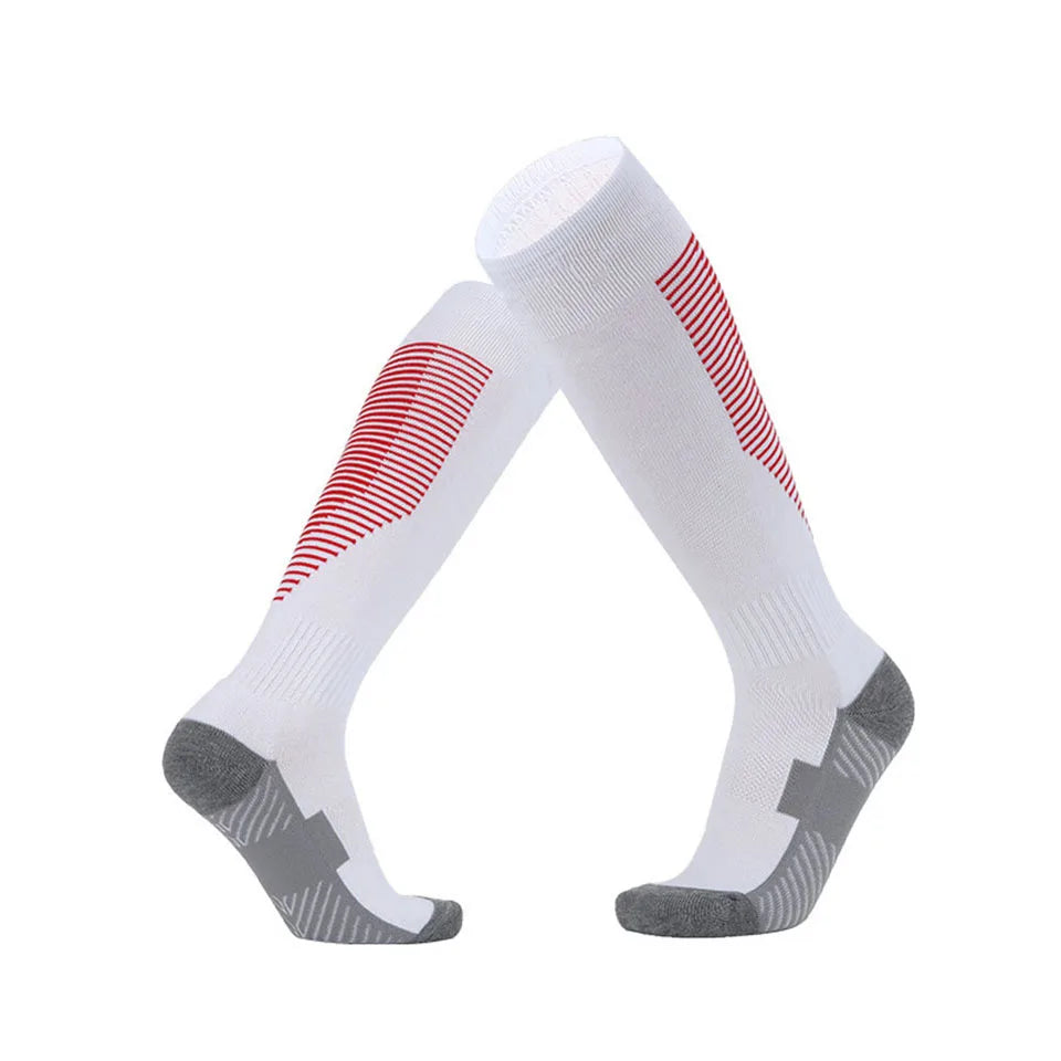 White knee-high socks with red stripes and gray toes on a white background