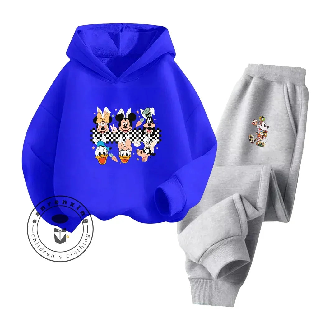 Blue hoodie with cartoon characters and gray pants on a white background