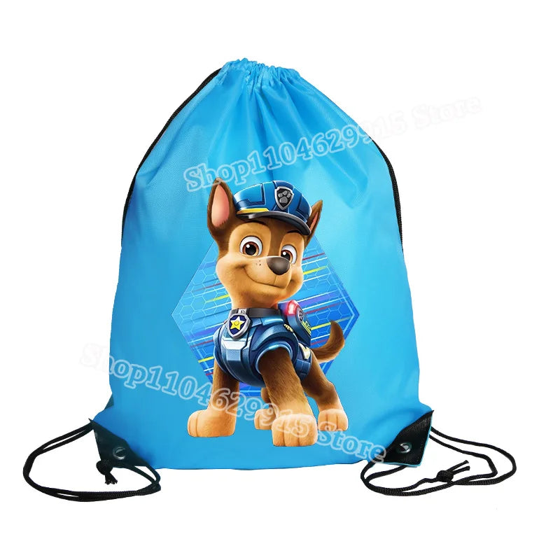 Blue drawstring bag with a cartoon dog character wearing a police uniform on a white background.
