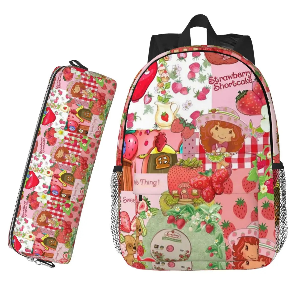 Backpack and pencil case with Strawberry Shortcake design on a white background