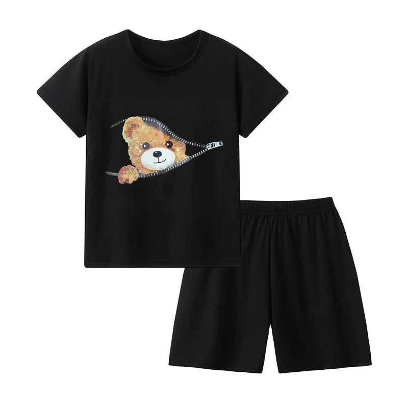 Black t-shirt with teddy bear design and black shorts on a white background