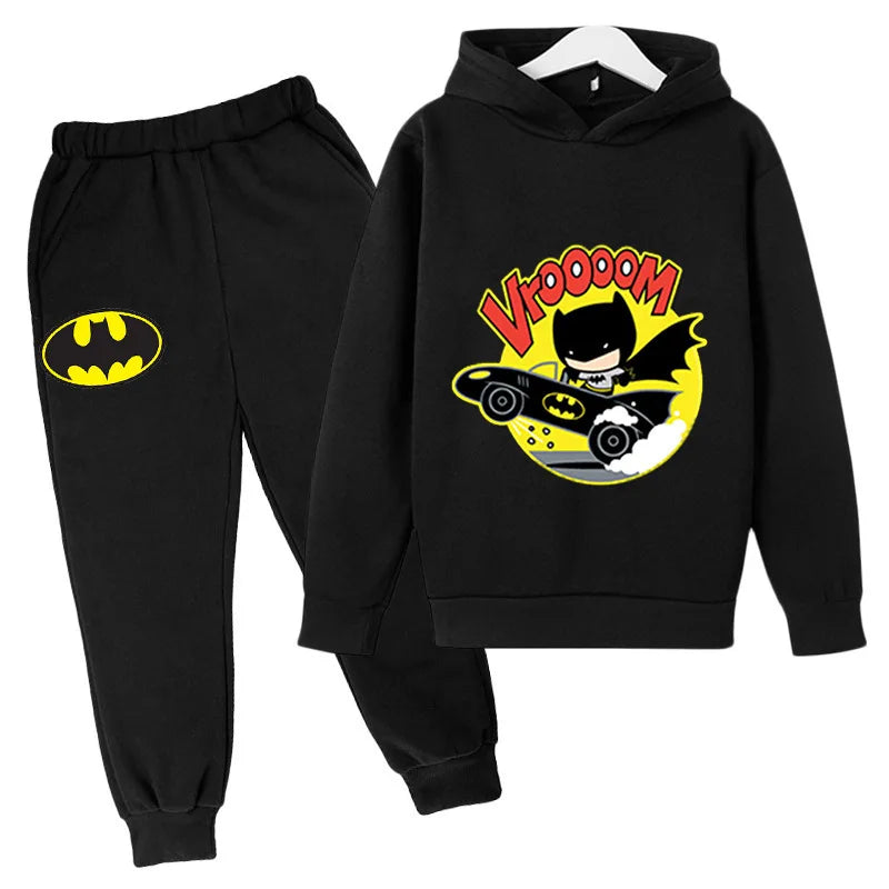 Black hoodie and pants set with cartoon character and 'Vrooom' text on a white background